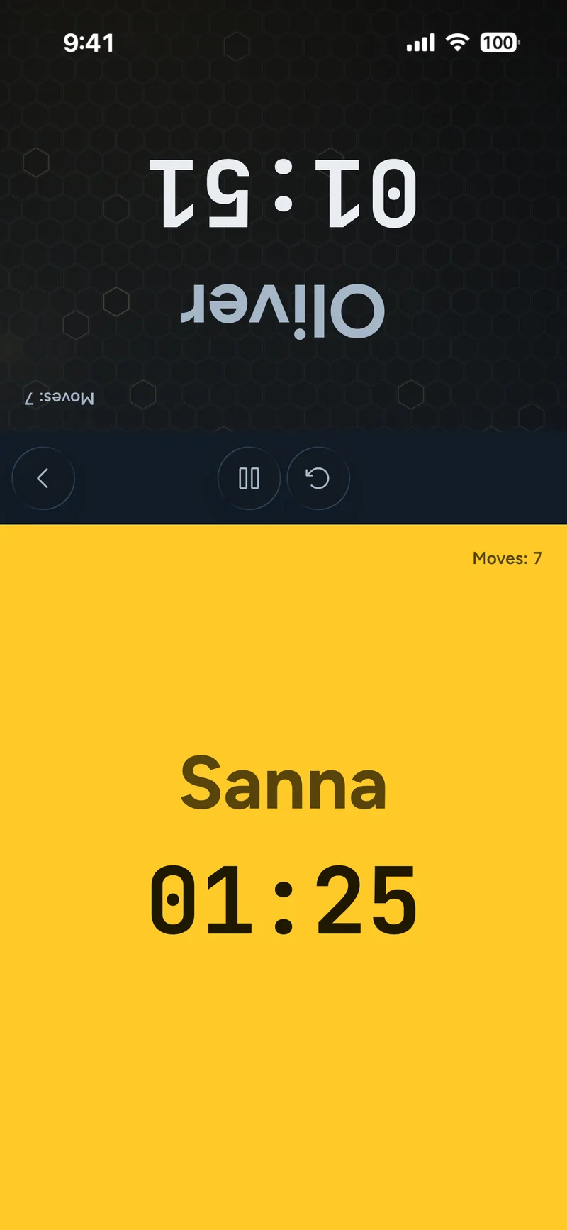 Two-player chess clock with each player facing their own half of the screen