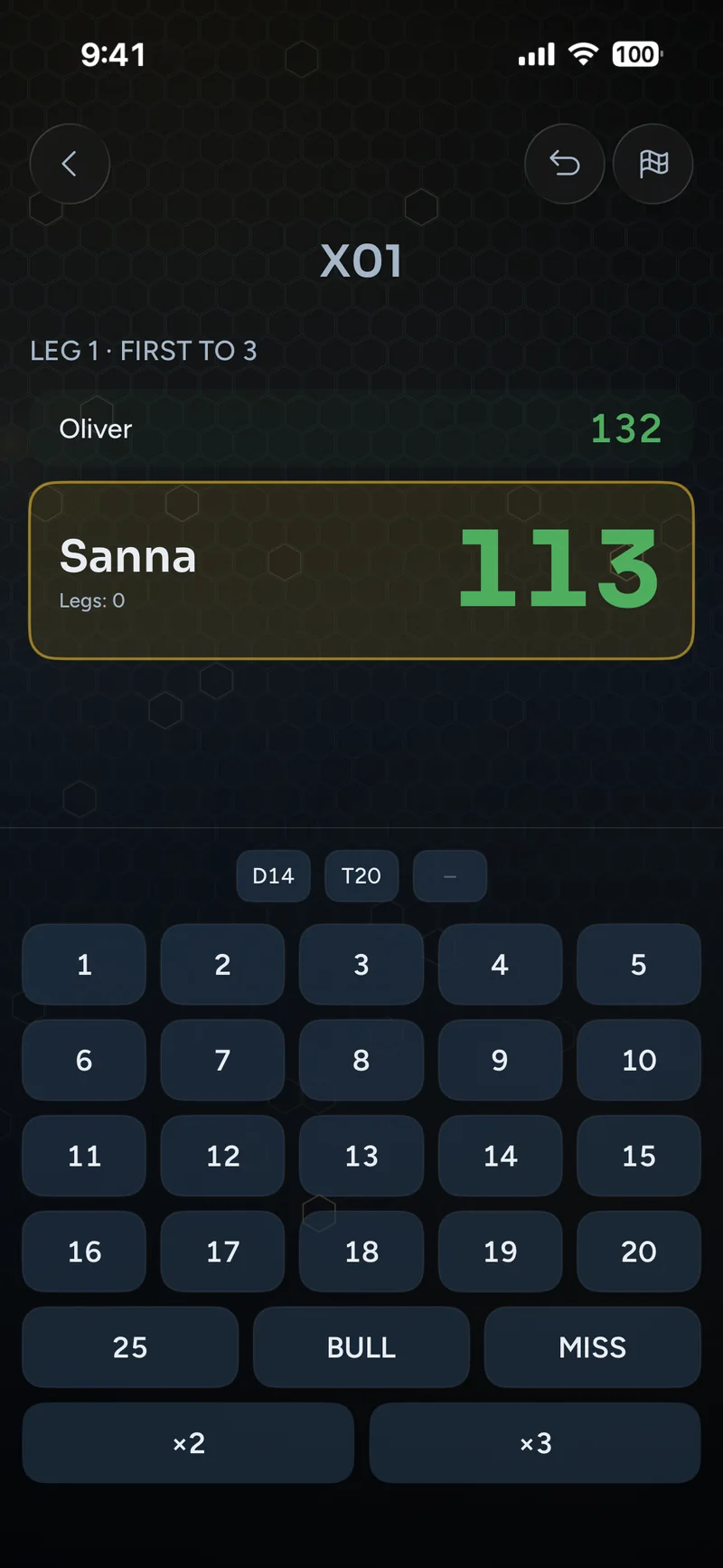 Darts X01 scoreboard with two players and a scoring keypad