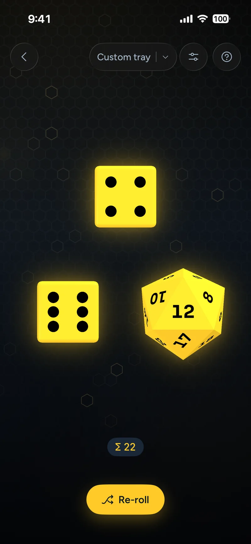 Dice screen showing two six-sided dice and a d20 rolled, with the total