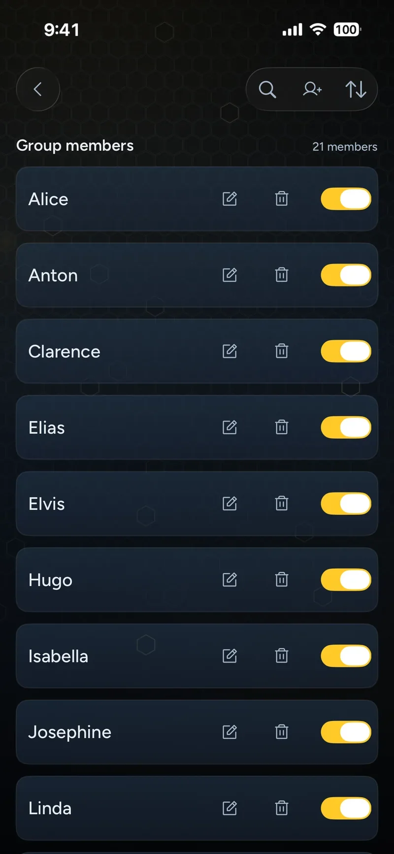 Group members list with 21 names, each with an edit, delete and active toggle