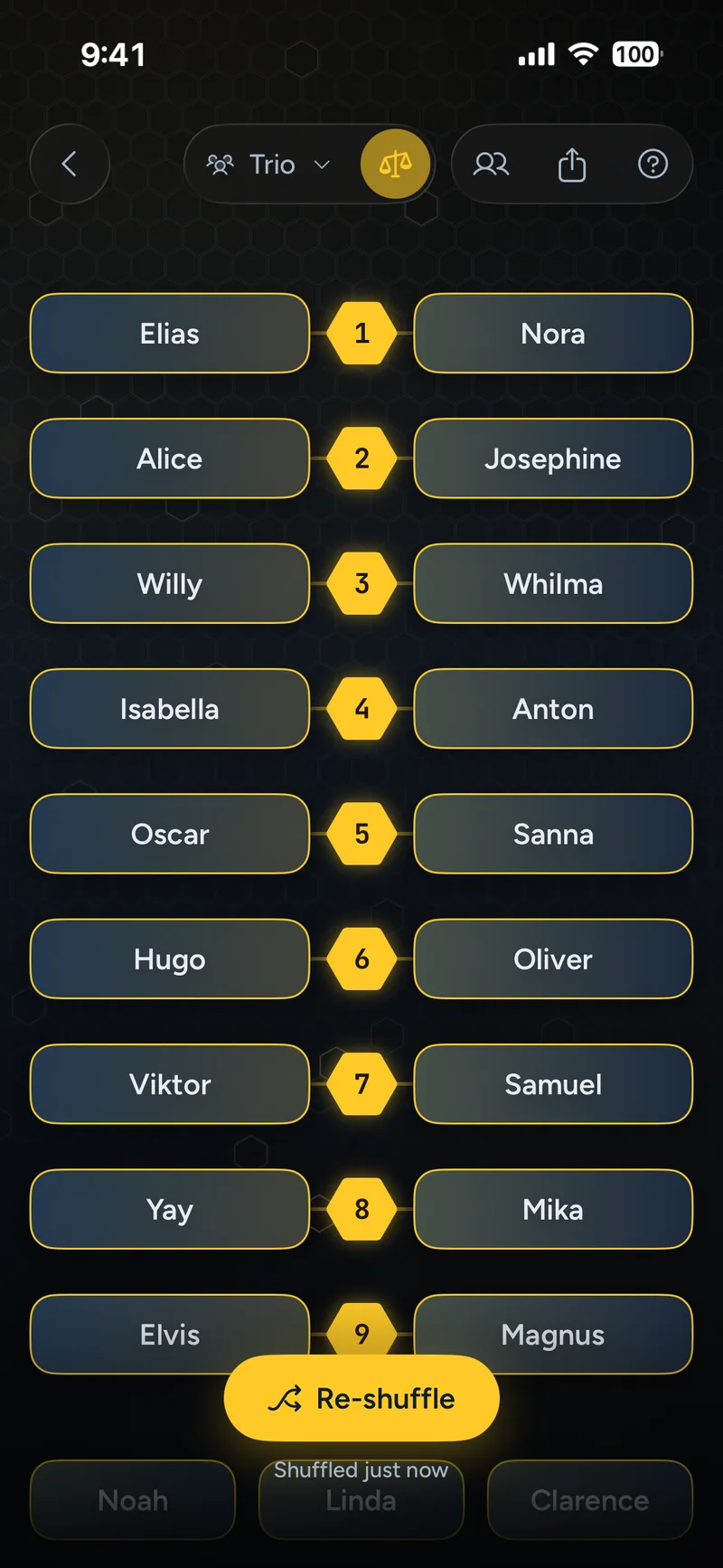 Pair Up result showing nine numbered pairs of names linked by a gold hexagon, with a trio at the end