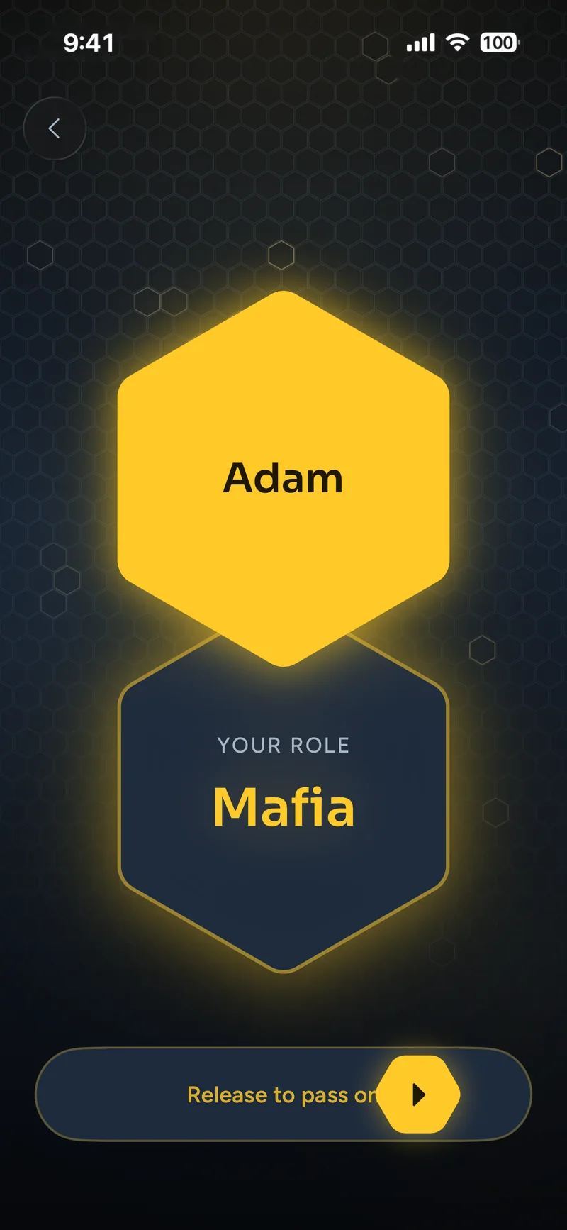 Role Dealer pass-the-phone reveal with Adam's secret Mafia role on screen