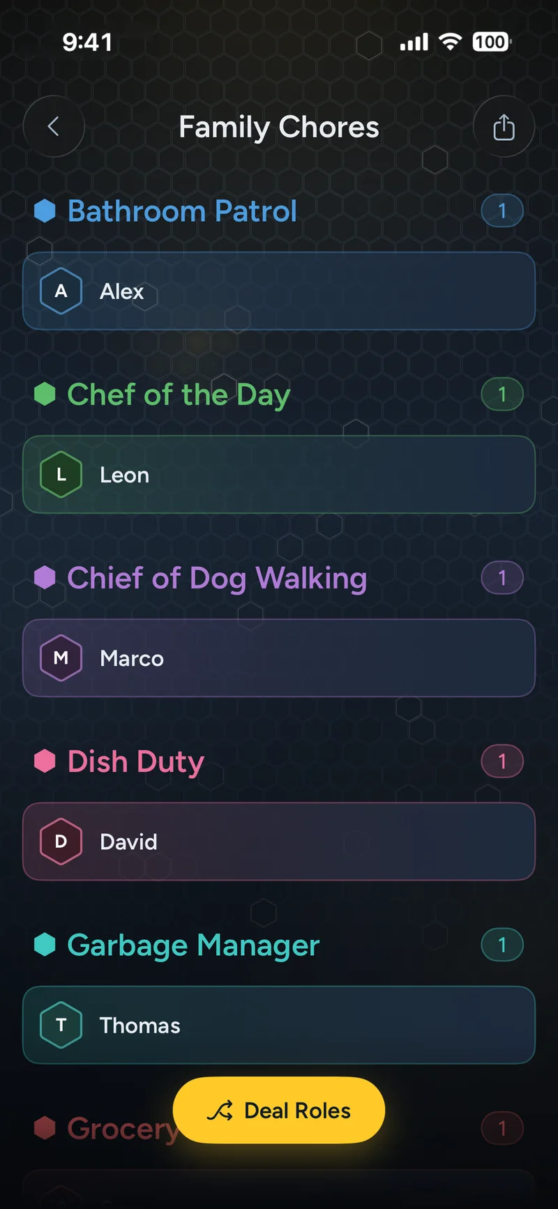 Role Dealer result for a Family Chores template, with Bathroom Patrol, Chef of the Day, Chief of Dog Walking and Dish Duty each dealt to one person in colour-coded sections