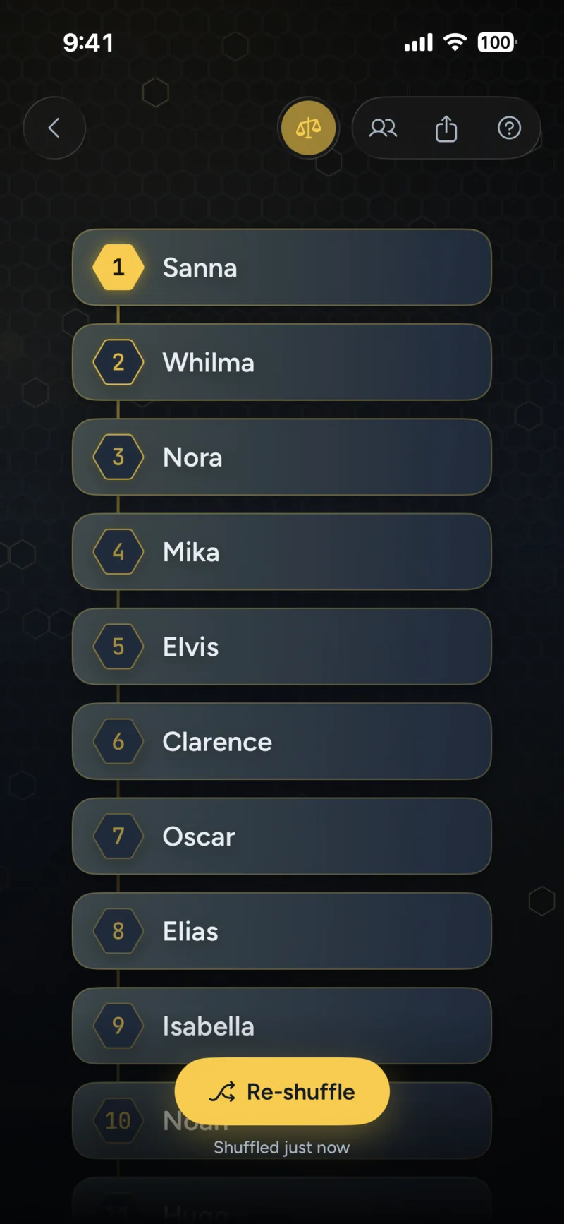 Shuffle Line result: a numbered running order down the screen, Sanna first and Whilma second