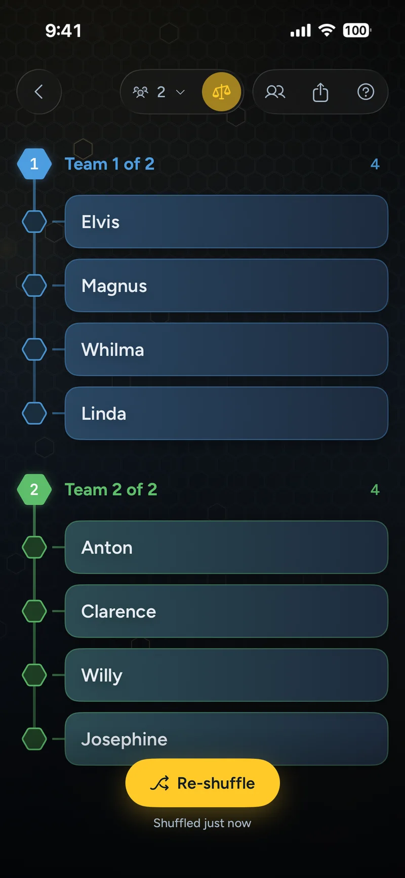 Team Builder result showing two colour-coded teams of four players, Team 1 in blue and Team 2 in green